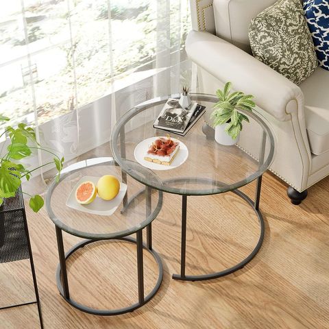 Aboxoo 2-Piece Black Nesting Coffee Table With Glass Top, Metal Frame ... for Rina Concrete And Black Metal 2-Piece Nesting Coffee Table Set